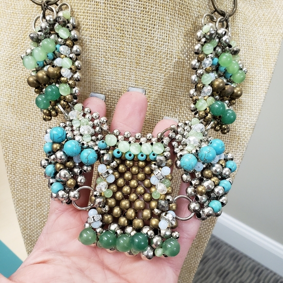 Pam Miran  green turquoise glass cats eye opalite beaded bib statemen necklace - Picture 12 of 14